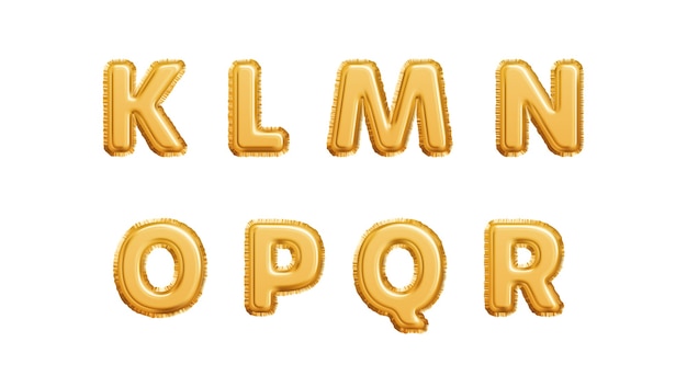 Realistisches goldenes ballonalphabet lokalisiert auf weißem hintergrund. klmnopqr briefe der