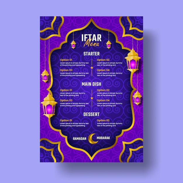 Realistisches iftar-menüdesign mit laternen und goldenen und violetten farbformen