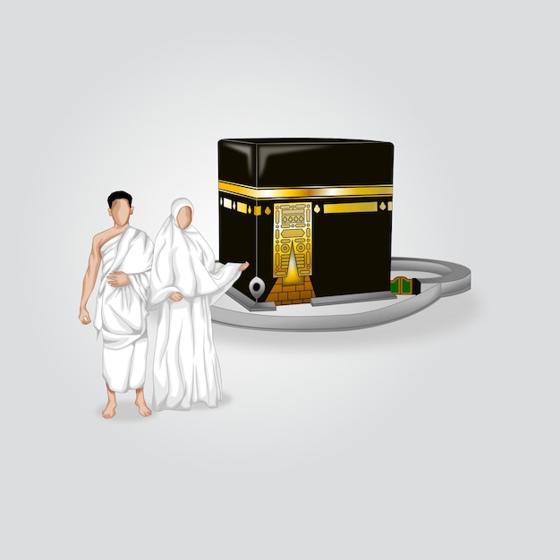 Vektor realistisches kaaba-objekt mit menschen, die ihram benutzen