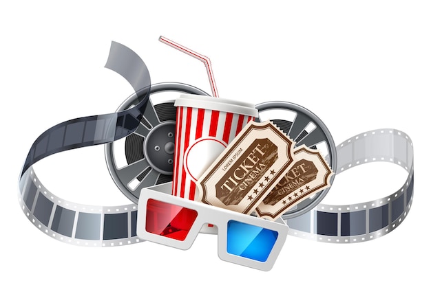 Realistisches kino-werbeplakat soda pappbecher-filmbandrolle rollen-3d-brille und tickets