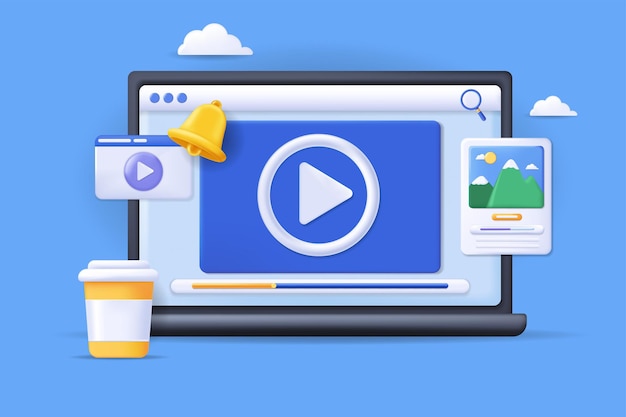 Realistisches Konzept der Video-Player-Szene ohne Menschen im 3D-Cartoon-Stil Bild eines Laptops