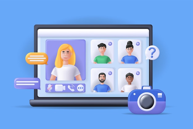 Realistisches Konzept der Videokonferenzszene mit Personenszene im 3D-Cartoon-Design