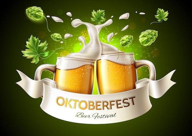 Realistisches lagerbierglas, das mit grünem hopfen und schaum um das oktoberfest-poster-design röstet