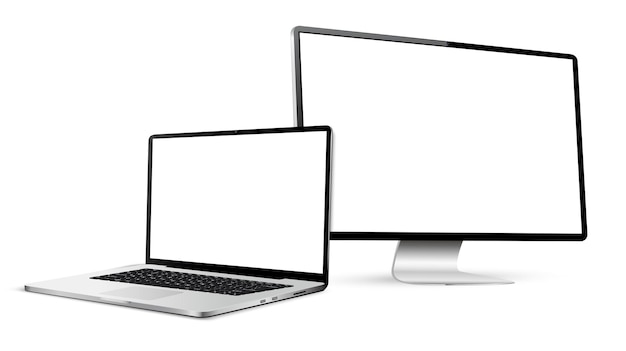 Realistisches Laptop- und Computerbildschirm mit leerem Bildschirm, isoliert auf weißem Hintergrund