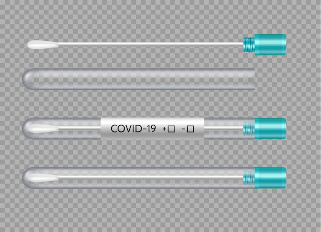 Realistisches reagenzglas mit wattestäbchen zum testen im labor auf coronavirus-pandemie. nasen-rachen-test auf covid-19. 3d-vektor-illustration