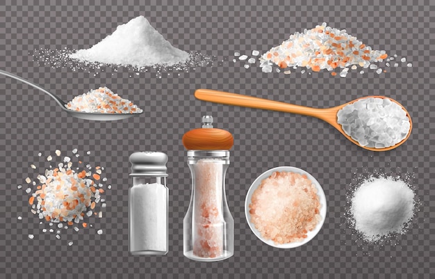 Realistisches salz essbares lebensmittelgewürz in einer glasflasche stapel und löffel von salzigen himalaya-gewürzen körner und pulver aus meeresnatriummineral kochzutat vektor isoliertes 3d-kulinarisches gewürzset