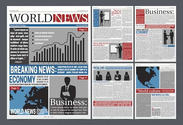 Realistisches Schablonendesign der Zeitungswirtschaftsseiten mit Weltgeschäftsnachrichtendiagrammen kartieren schwarze Schattenbilder der Geschäftsmänner-Vektorillustration