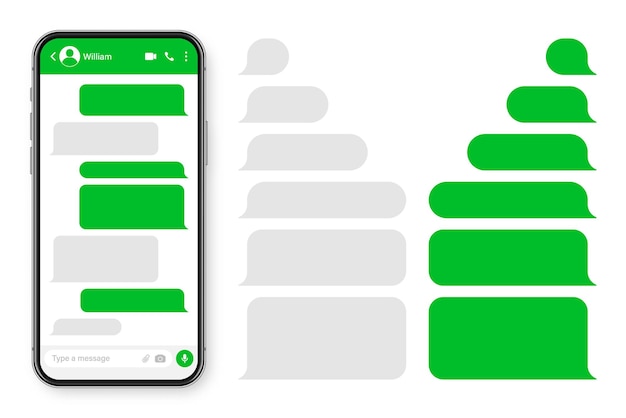Vektor realistisches smartphone mit messaging-app, leerer sms-textrahmen, gesprächsschirm mit grünem chatbildschirm