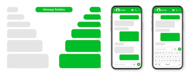 Realistisches smartphone mit messaging-app, leerer sms-textrahmen, gesprächsschirm mit grünem chatbildschirm