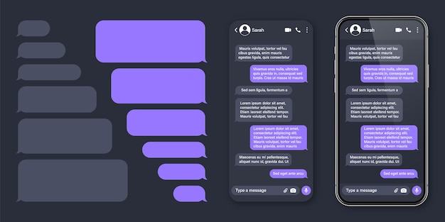 Vektor realistisches smartphone mit messaging-app, sms-textrahmen, konversations-chat-bildschirm mit violetter nachricht