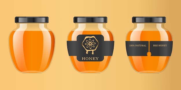 Realistisches transparentes glas mit honig. nahrungsmittelbank. honigverpackung. honig-logo.