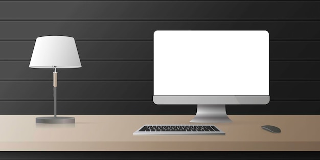 Realistisches Vektordesign Computermonitor mit weißem Bildschirm auf dem Tisch. Holztisch, Lampe, schwarze Holzwand.