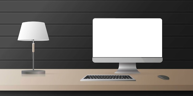 Vektor realistisches vektordesign computermonitor mit weißem bildschirm auf dem tisch. holztisch, lampe, schwarze holzwand.