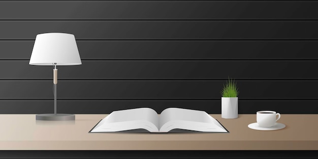 Realistisches Vektordesign des Arbeitsbereichs. Holztisch, Kaffeetasse, Lampe, offenes Buch, schwarze Holzwand.