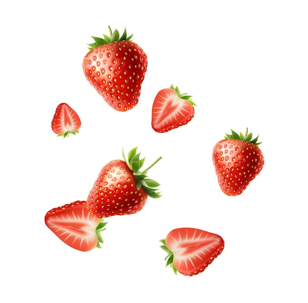 realistisches Vektorillustrationsbanner mit fallenden roten Erdbeeren auf weißem Hintergrund