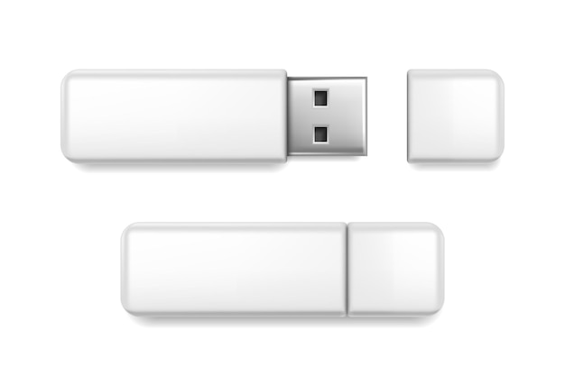 realistisches Vektorsymbol. Weißes USB-Flash-Laufwerk isoliert auf weißem Hintergrund