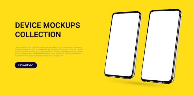 Realistisches Vorlagenmodell von zwei gedrehten abgewinkelten Smartphones für Webdesign, Webseiten, Banner, Landungen, Präsentationen. Perspektivische Ansicht