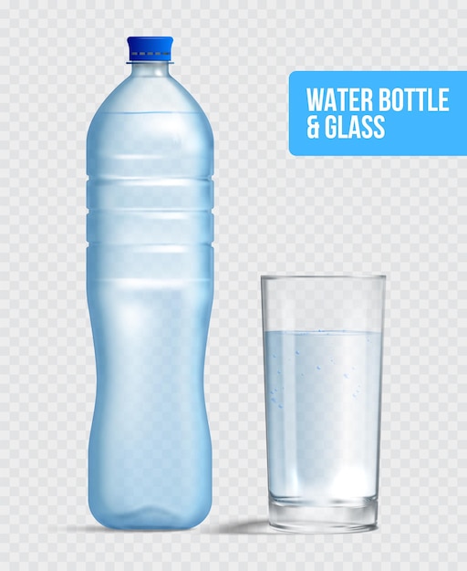 Realistisches Wasserflaschen- und Glasset mit isolierten Modellbildern der vollen Plastikflasche mit Kappenvektorillustration