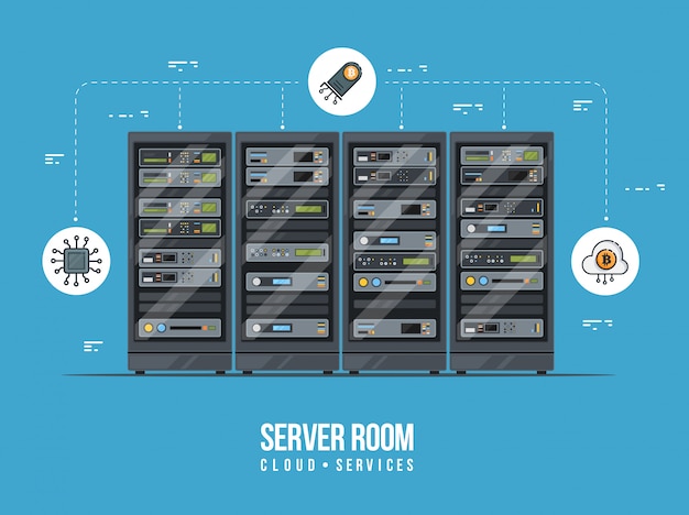 Vektor rechenzentrum und serverraum. datenspeicherung und austausch service flat illustration. cloud-service-ausrüstung mit hud-elementen.