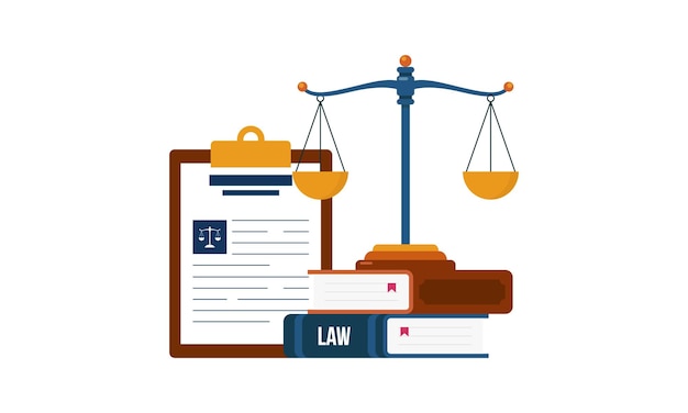 Recht und Gerechtigkeit Konzept mit Waage Richter Gavel Buch und Hammer Illustration