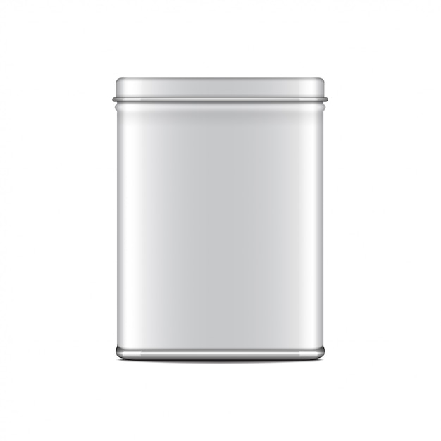 Rechteckige weiß glänzende Blechdose. Behälter für Kaffee, Tee, Zucker, Süßes, Gewürz. realistische Illustrationsverpackung