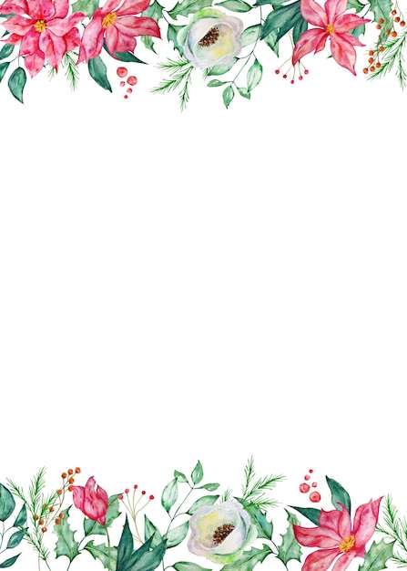 Rechteckiger Rahmen des Aquarellweihnachts mit Wintertannen- und Tannenzweigen, Beeren und roten und weißen Winterblumen.