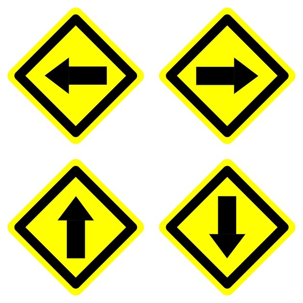 Rechts, links, vorwärts, rückwärts, gelber pfeil, verkehrswarnung, vorsichtszeichen, richtungszeichen