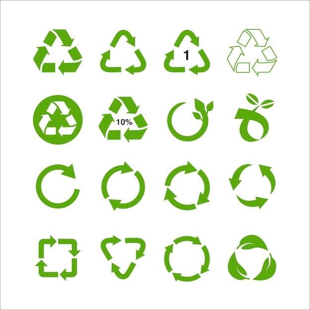 Recycling und Ökologie Icons Sammlung Wiederverwendung Abfallkonzept, Recyclingpapier und Industrieverpackung markiert Vektorgrafik isoliert auf weißem Hintergrund