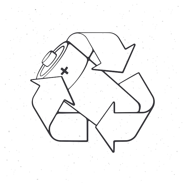 Recyclingsymbol mit gebrauchter Alkalibatterie in der Umrissvektorillustration