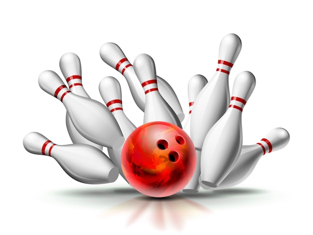 Red bowling ball, der in die stifte stürzt. illustration des bowlingspiels lokalisiert auf weißem hintergrund. vektorvorlage für poster von sportwettbewerben oder turnieren.