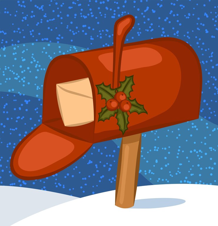 Vektor red christmas mailbox mit stechpalme dekoriert, mit brief im inneren auf dem hintergrund der nächtlichen schneefälle
