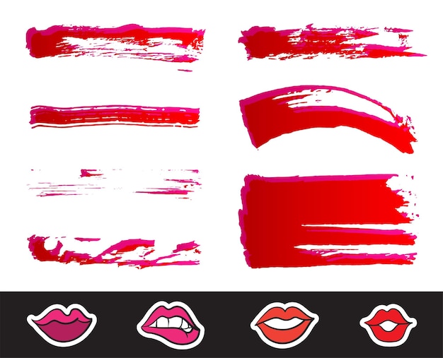 Vektor red lipstick smears set textur pinselstriche isoliert auf weißem hintergrund make-up-vektor-illustration