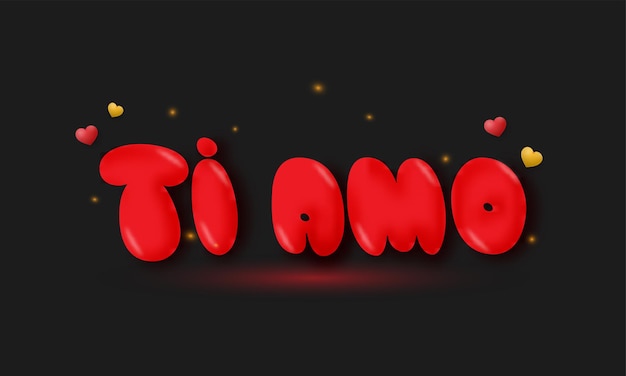 Red ti amo (love you) ballon-schriftart in italienischer sprache mit herzen auf schwarzem lichteffekt-hintergrund.