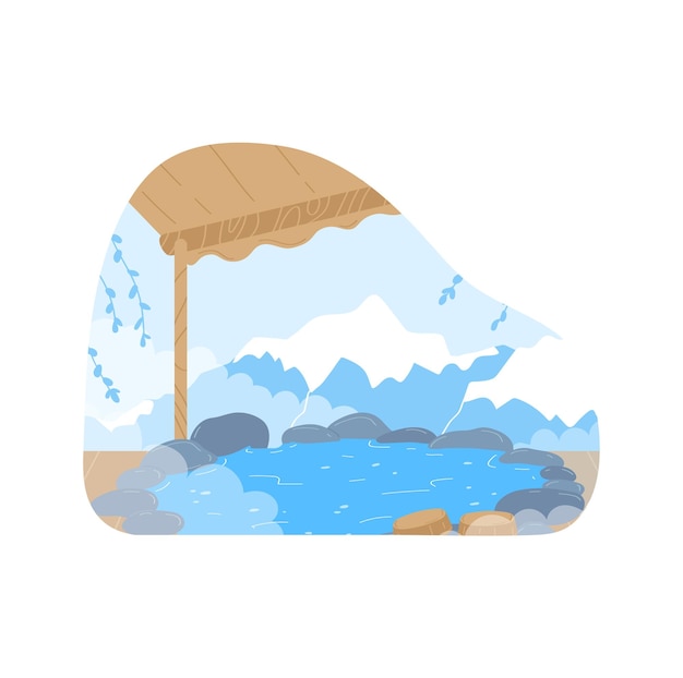 Vektor reetdachüberdachung über einem ruhigen bergsee mit blauem wasser, ruhiger szene und entspannender landschaft
