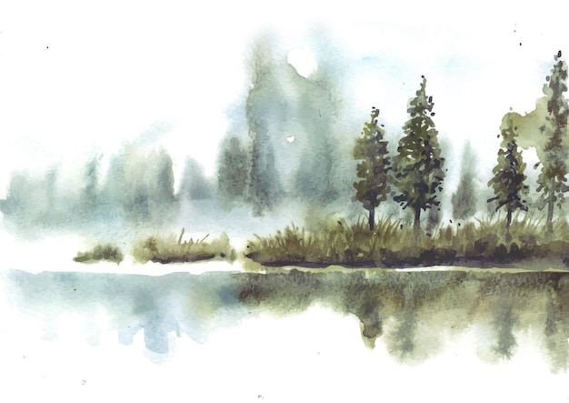 Vektor reflexion von schönen kiefern im seeaquarell