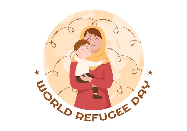 Refugee day template handgezeichnete illustration mit händen familie und stacheldrahtzaun zur einwanderung