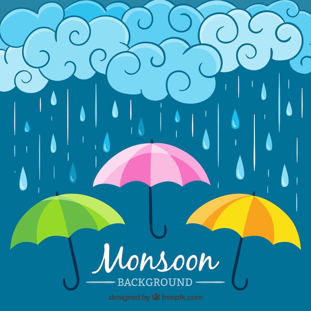 Regen Hintergrund mit drei bunten Regenschirmen