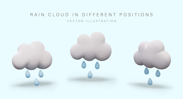 Regen tropft aus weißer Wolke Satz von 3D-Illustrationen im Cartoon-Stil