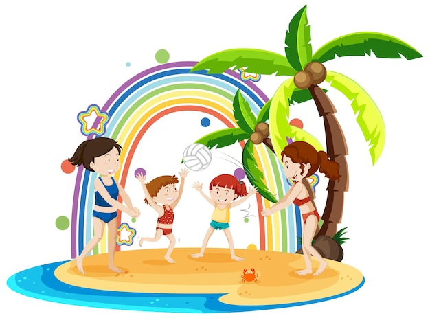 Regenbogen auf der Insel mit Kindern, die Volleyball spielen