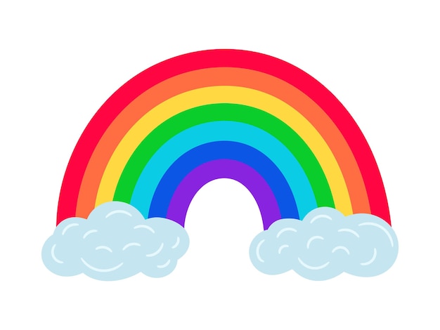 Regenbogen auf Wolken. Vektor-Regenbogen-Bogen-Wolken-Enden-Symbol-Illustration auf weißem Hintergrund, mehrfarbiger LGBT-Stolz vielfältige Harmonie lebendiges Design-Konzept einfaches Bild