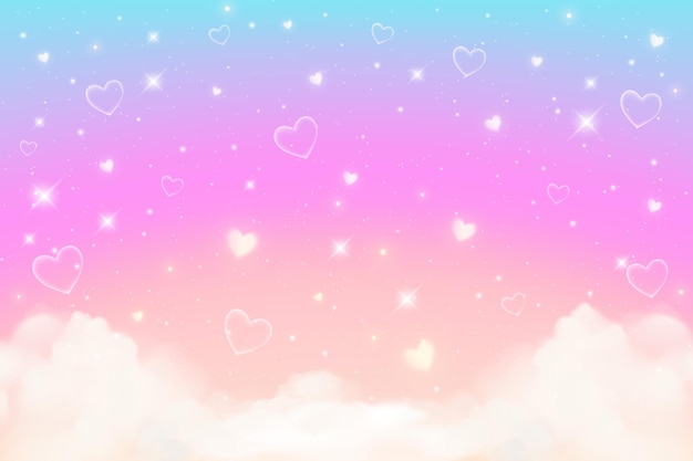Vektor regenbogen-einhorn-hintergrund mit wolken, herzen und sternen pastellfarbener himmel magische rosa landschaft
