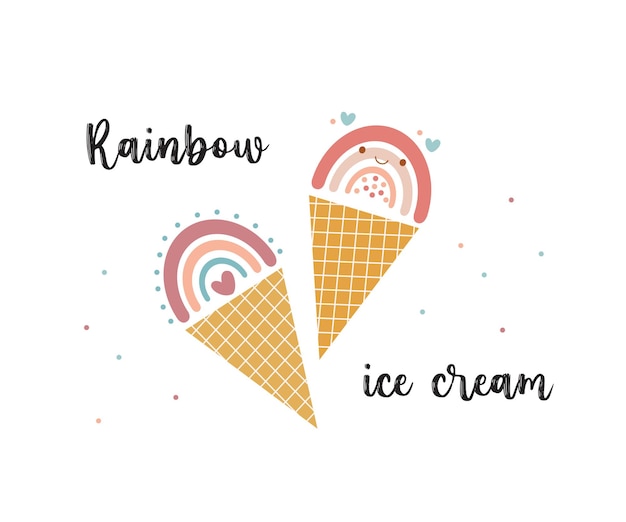 Vektor regenbogen-eis im boho-stil kawaii-regenbogen in waffelkuppenkegel designdruckillustration