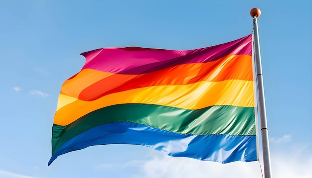 Regenbogen-LGBT-Flagge, die gegen den Himmel weht