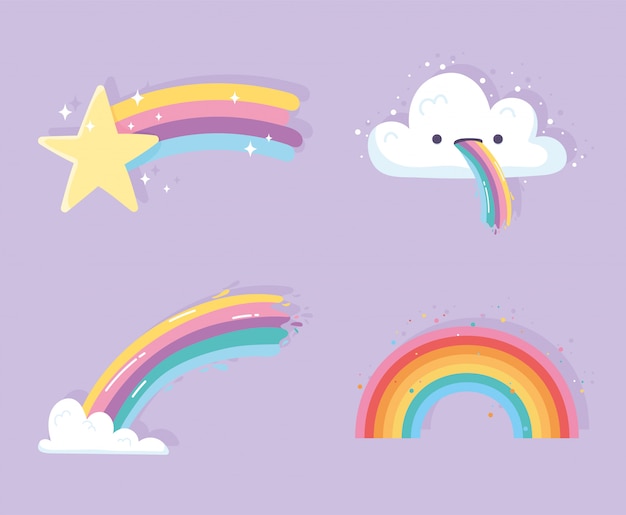 Regenbogen mit Wolkenkarikatur-Sternschnuppendekorationsikonen