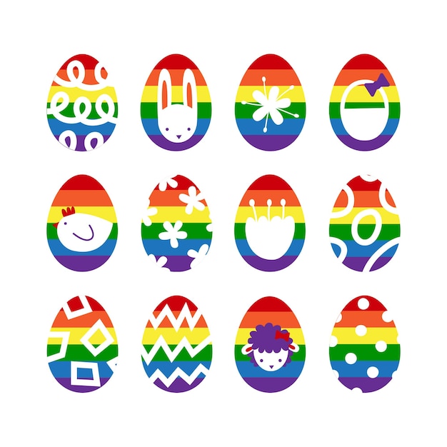 Vektor regenbogen-ostereier mit dekoration und ornament sammlung von symbolen für schwule frühlingsferien