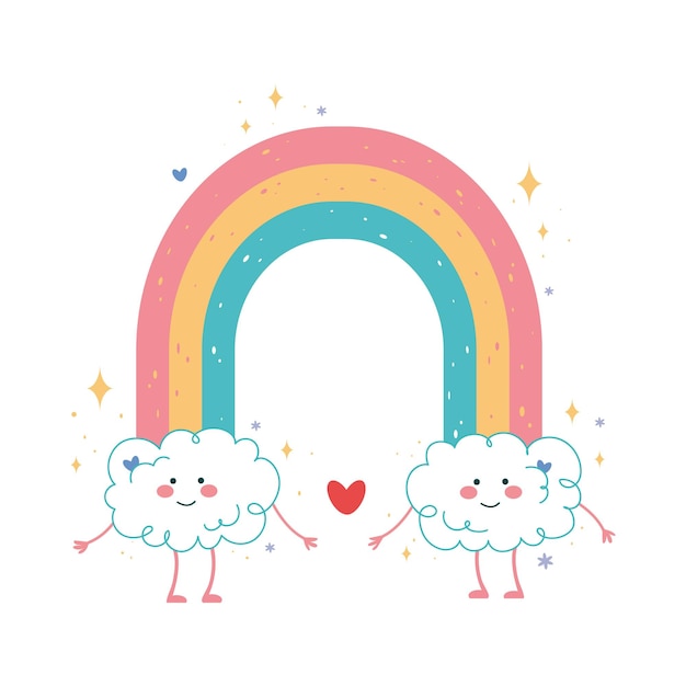 Regenbogen und zwei kleine wolken, süße kindergrafiken, poster, grußkarten, einladungen, kleidung