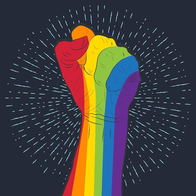 Regenbogenfarbene hand mit erhobener faust gay pride lgbt-konzept