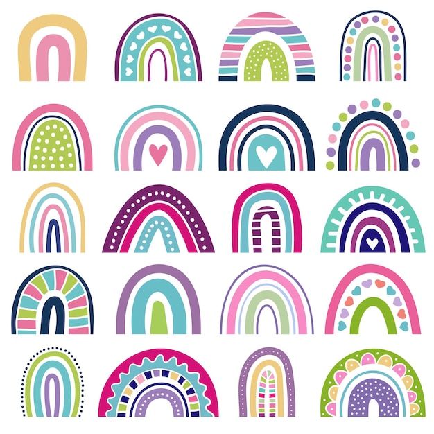 Regenbogenformen. kinderlogos im skandinavischen stil abstrakte regenbogenfarbene grafische minimalistische vektorgrafiken. streifenregenbogen trendige, kindliche stilelemente