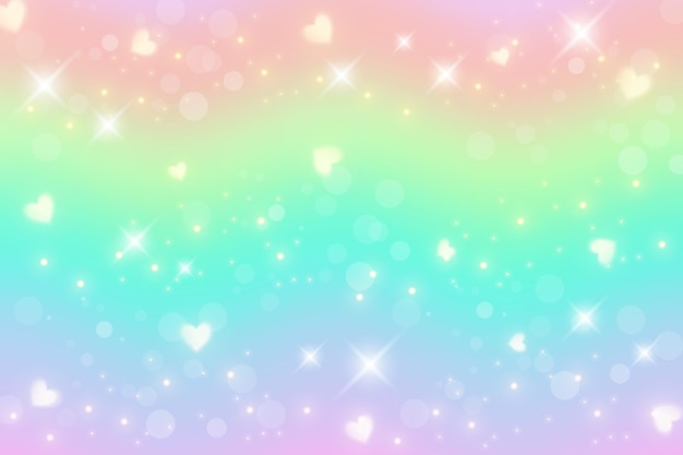 Regenbogenhintergrund mit herzen und sternen holografische illustration in pastellfarben süßer einhornhimmel
