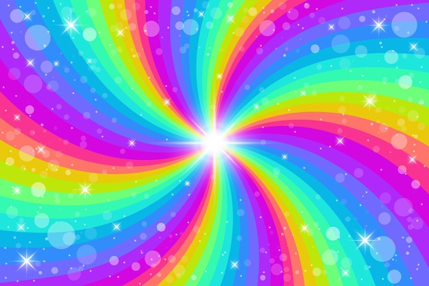 Vektor regenbogenstrudelhintergrund mit sternen. radialer farbverlaufsregenbogen der verdrehten spirale. vektor-illustration.